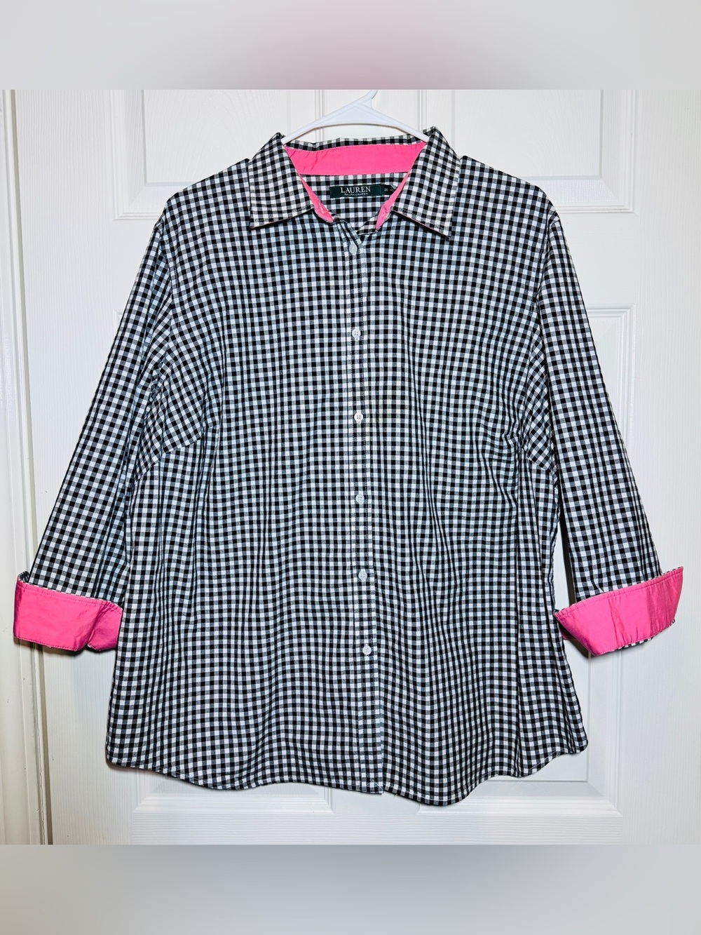 Ralph Lauren Black & White Gingham Button Down Shirt with Pink Trim
